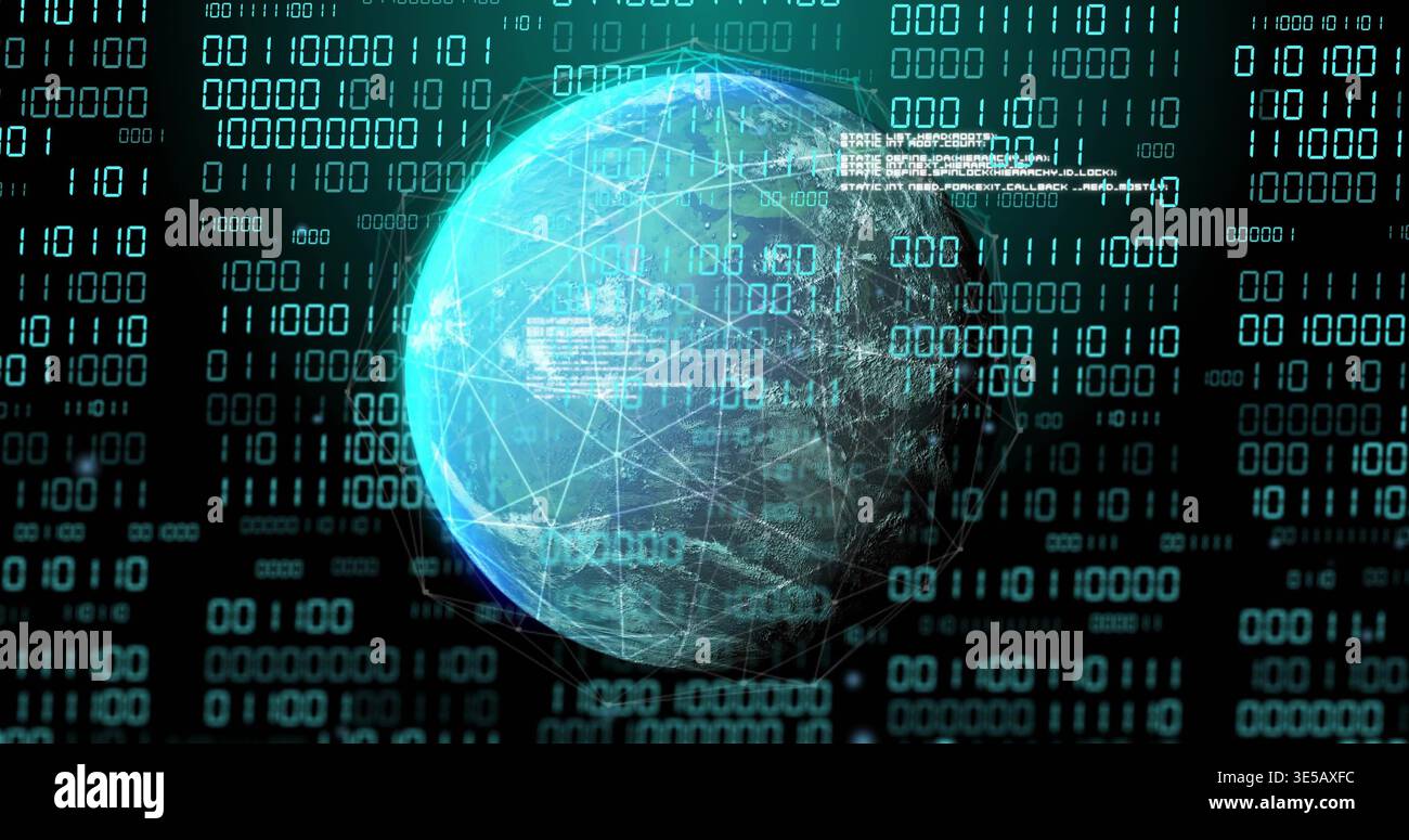 Rotating cyan globe showing outlined continents, mesh nodes and floating binary code in cyber grid Stock Photo