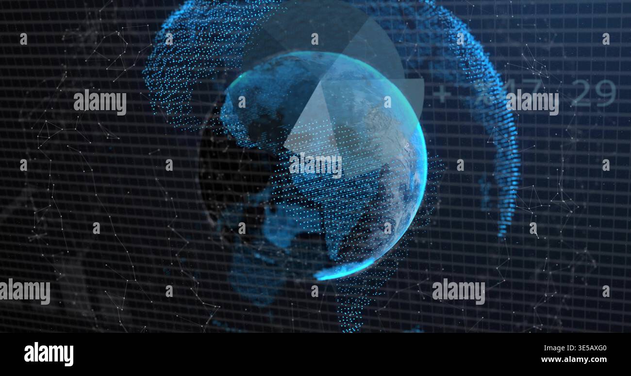 Rotating stylized digital Earth globe showing triangular overlay, particle arcs, grid, timestamp Stock Photo