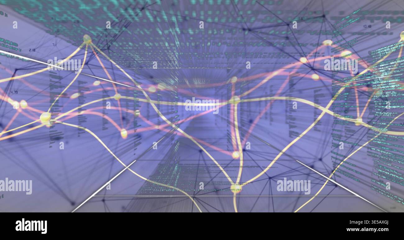 Displaying network structure weaving across virtual 3D space, with glowing nodes and light trails Stock Photo