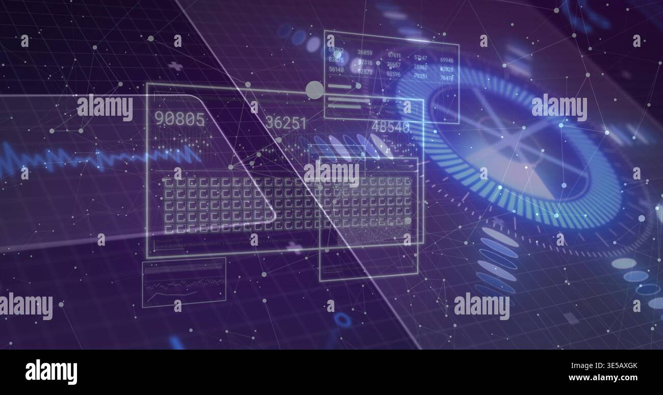 Floating translucent hologram keyboard and numeric panels above grid plane, showing radial dial Stock Photo