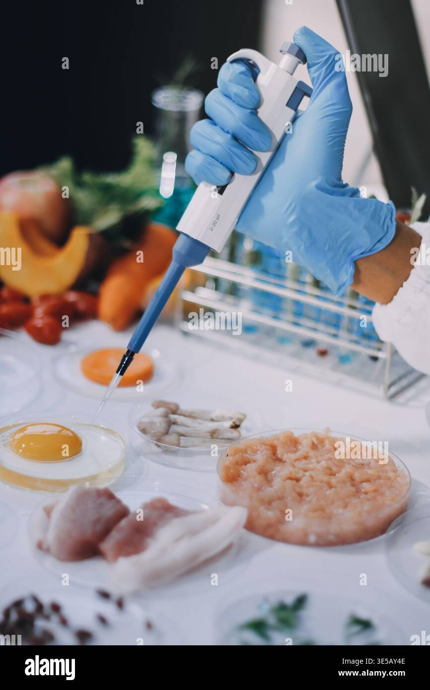Chemical Laboratory of the Food supply . Food in laboratory, dna modify .GMO Genetically modified food in lab . Stock Photo