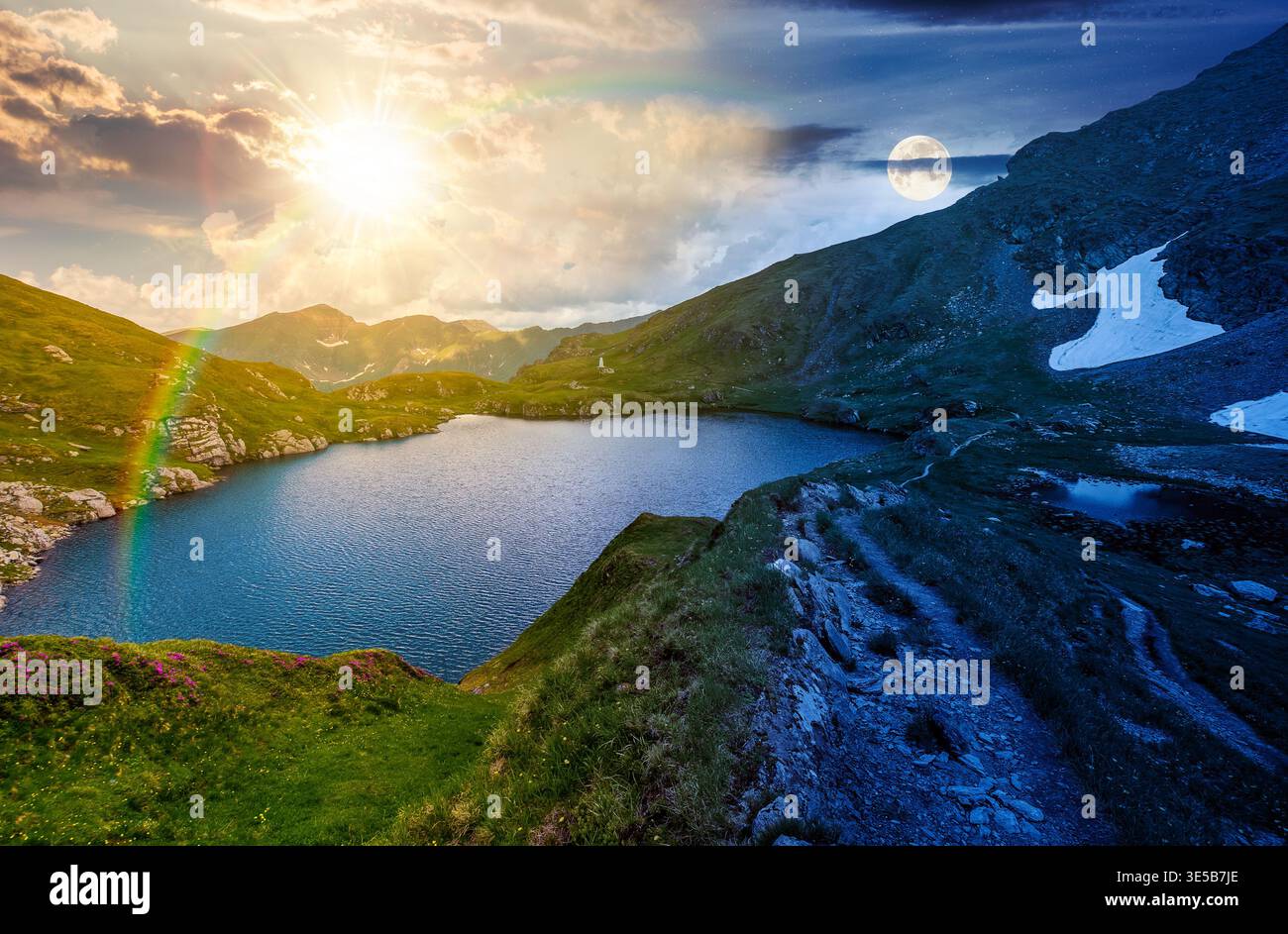 gorgeous summer solstice on capra lake. day meet night. sun and moon over breathtaking view of transylvaia alps in romania. composite background image Stock Photo