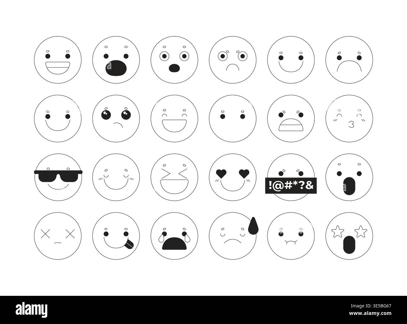 Y2k cute emoji faces 2D line objects set Stock Vector