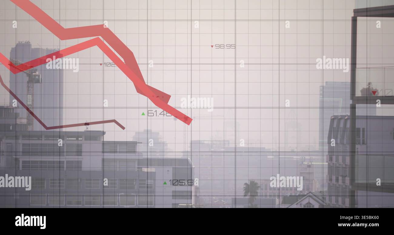 Displaying thick red descending line chart spanning urban skyline, showing numeric labels and crane Stock Photo
