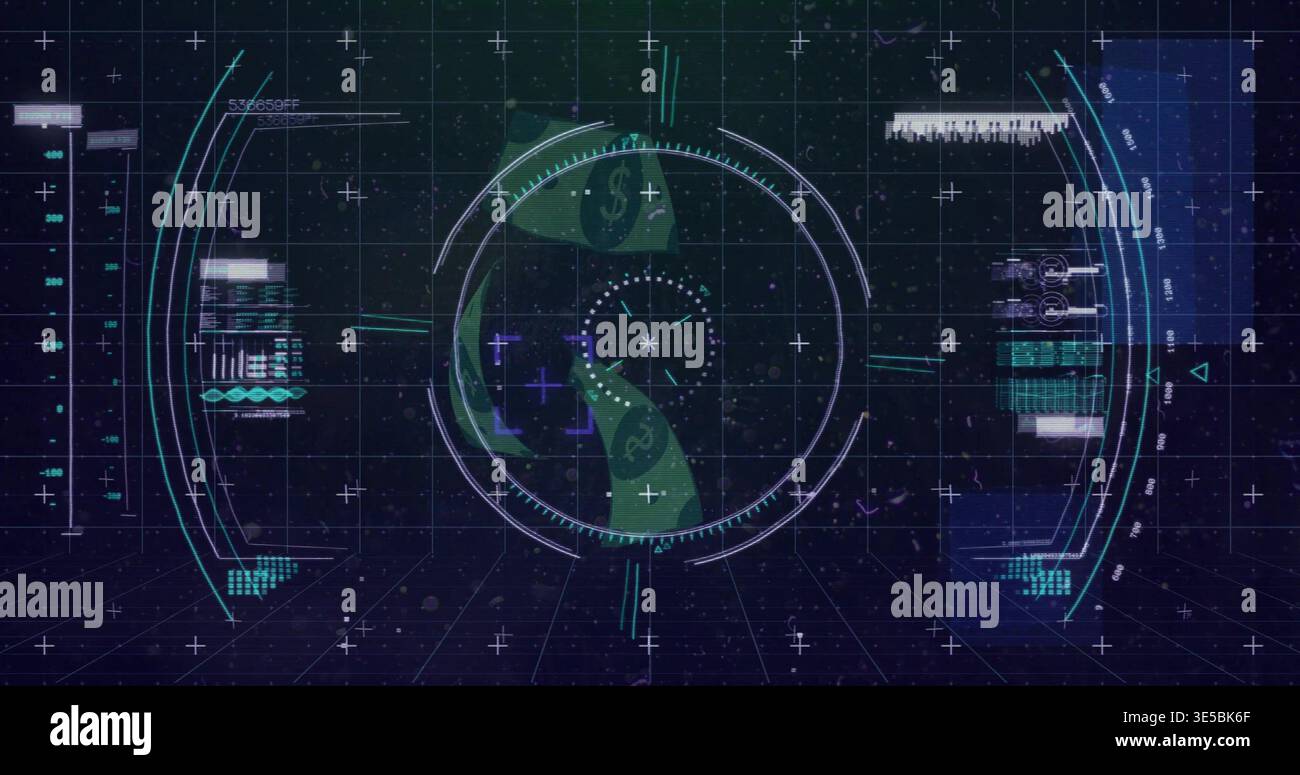 Displaying central HUD rotating above dark gridded plane, with dollar-sign ribbon and data panels Stock Photo
