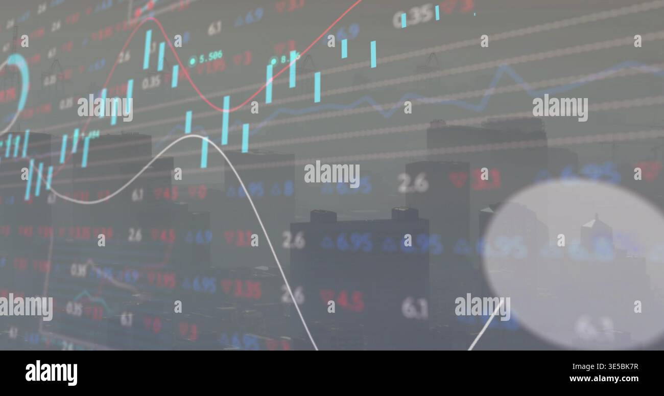 Displaying chart showing blue candles, red white lines, tickers over skyline on glass with bokeh Stock Photo