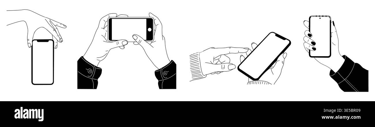Two hands hold a smartphone in various ways Stock Vector