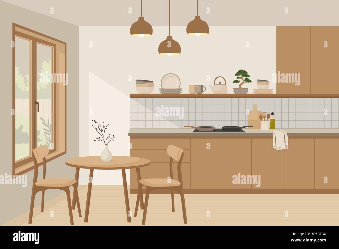 Japandi home decor with wooden kitchen cabinets and round table vector illustration. Stock Vector