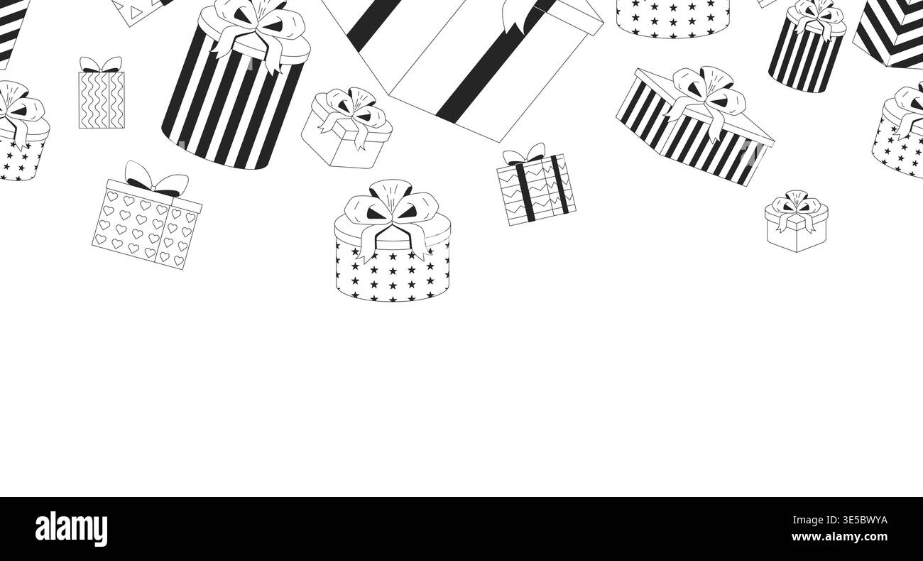 Wrapped gift boxes black and white top border Stock Vector