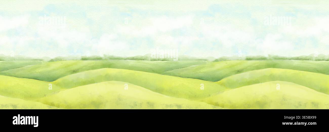 Summer rural landscape with hills under blue sky and white clouds. Horizontal seamless border. Watercolor digital illustration. View of green grass on Stock Photo