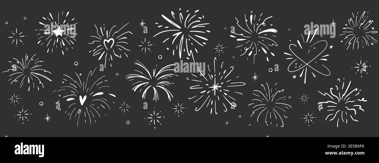 Crayon firework white confetti on blackboard bg, hand drawn sketch ...