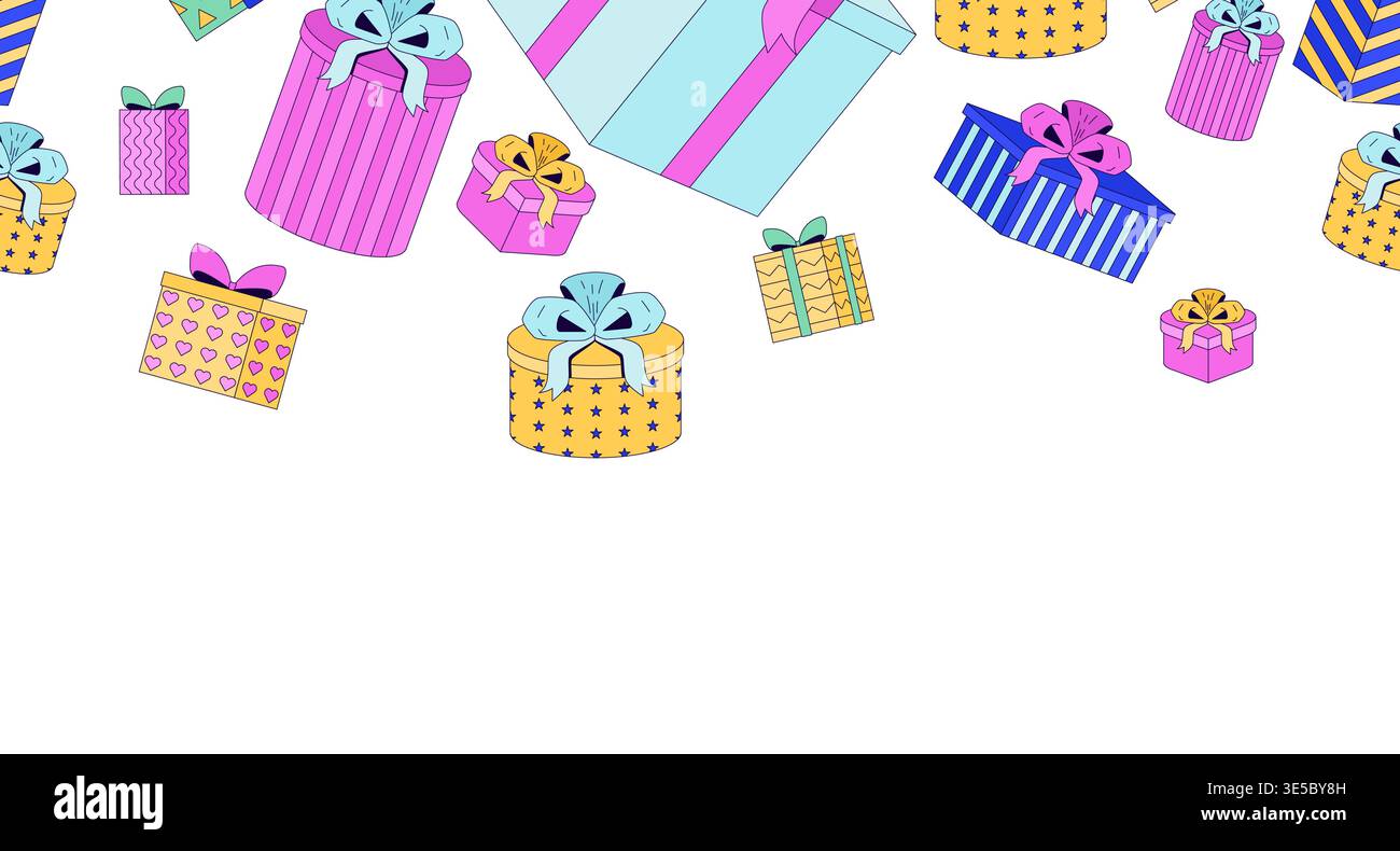 Wrapped gift boxes top frame illustration Stock Vector