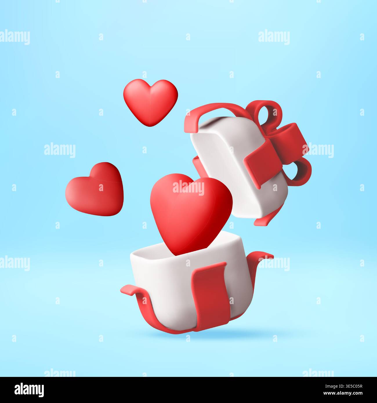 3D Open gift box with red bow and floating hearts Stock Vector