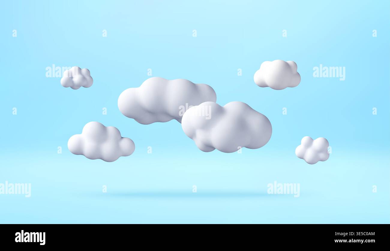 3D Fluffy white clouds floating in blue sky. Stock Vector