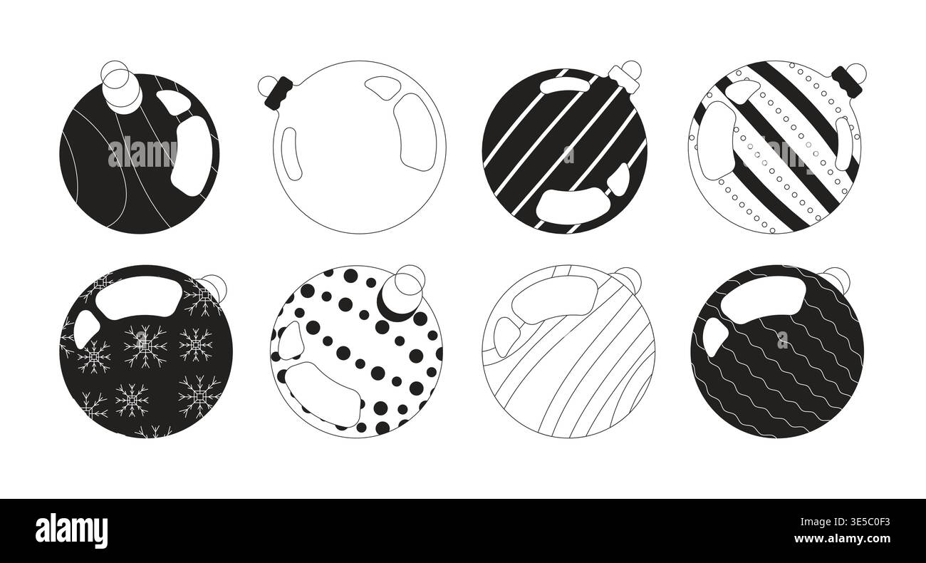 Christmas baubles ornaments 2D line objects set Stock Vector