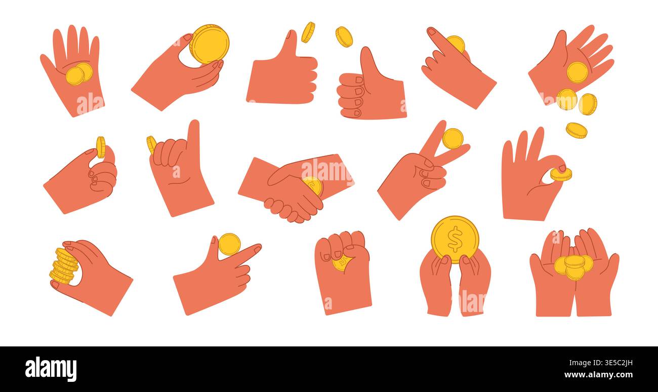 Hands Holding Coins Gesture Set Stock Vector
