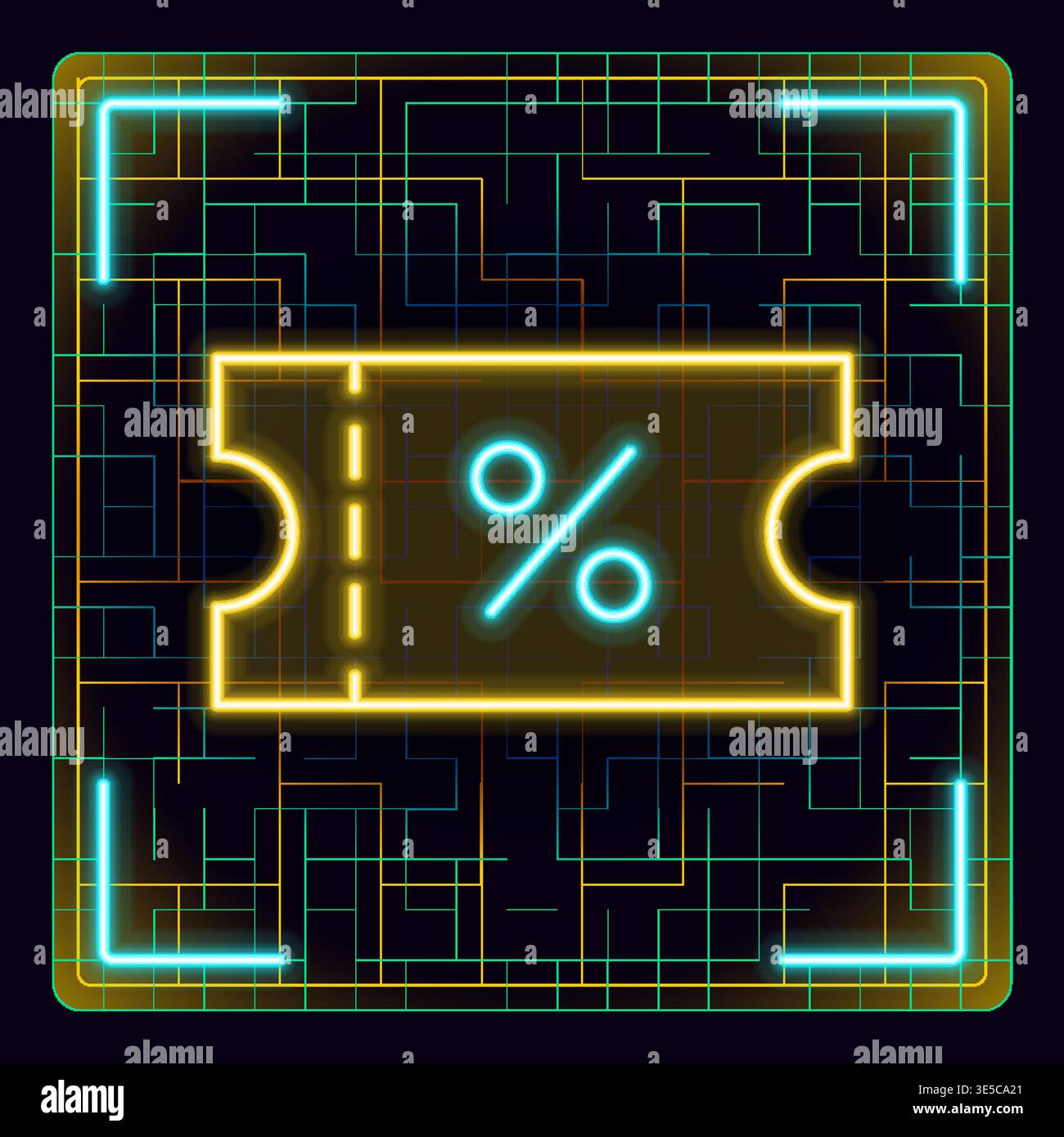 Discount promo coupon voucher, graphic line design. Cyber neon futuristic icon. Stock Vector