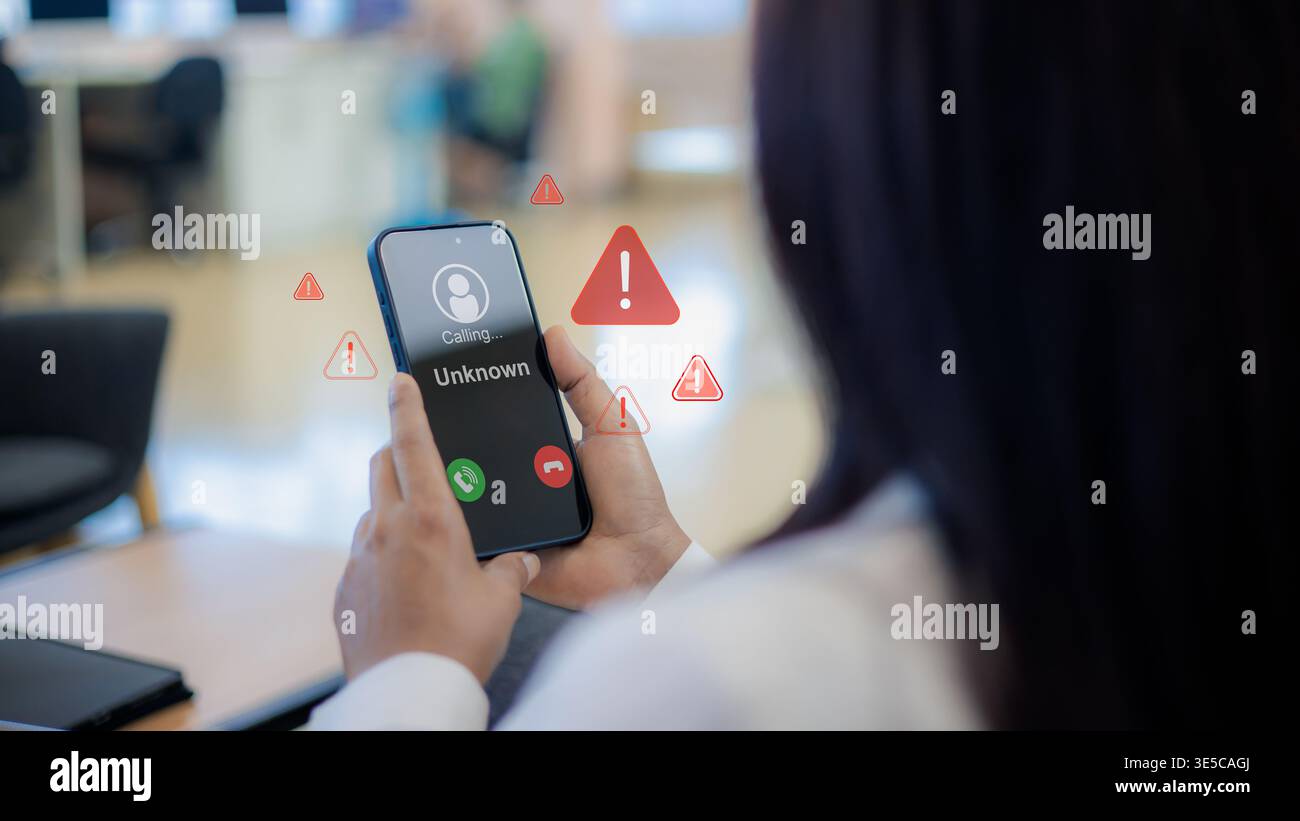 Call center scam and fraud warning.Unknown caller id with warning icon ...