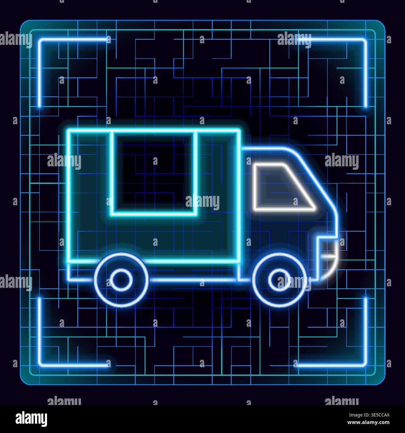 Cargo truck neon icon. Futuristic tech editable glowing illustration. Stock Vector