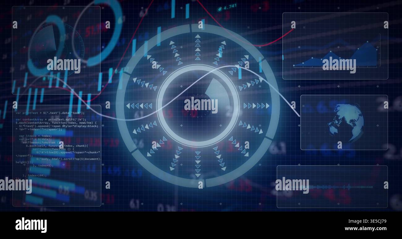 Displaying central circular HUD rotating on blue grid, showing diagonal data line, panels, code Stock Photo