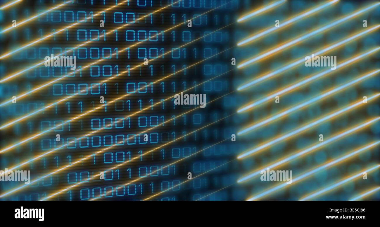 Displaying centered abstract panel of blue binary digits in data stream, with diagonal gold streaks Stock Photo