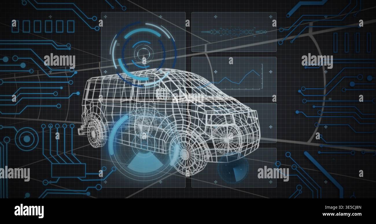 Displaying wireframe SUV model hovering over dark grid in engineering interface, with circular HUDs Stock Photo
