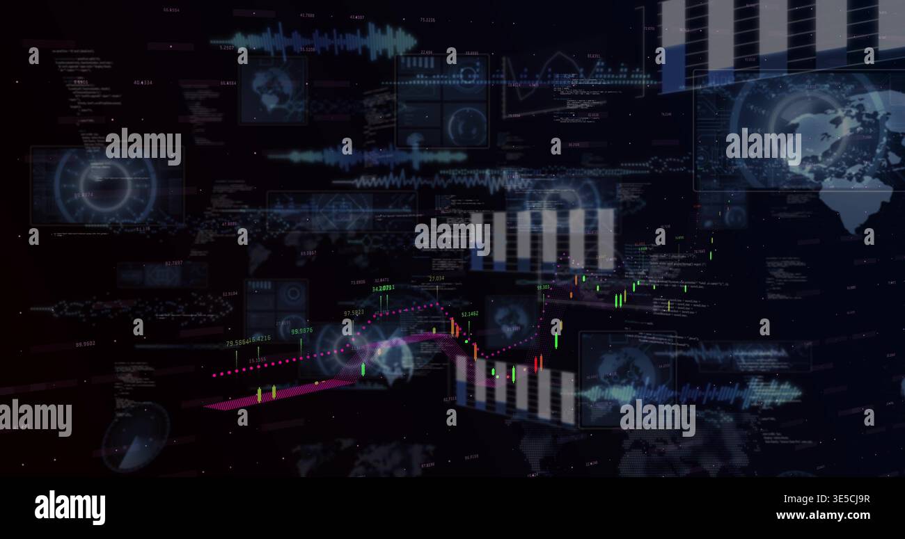 Animating central candlestick chart with magenta average line in data dashboard, showing white bars Stock Photo