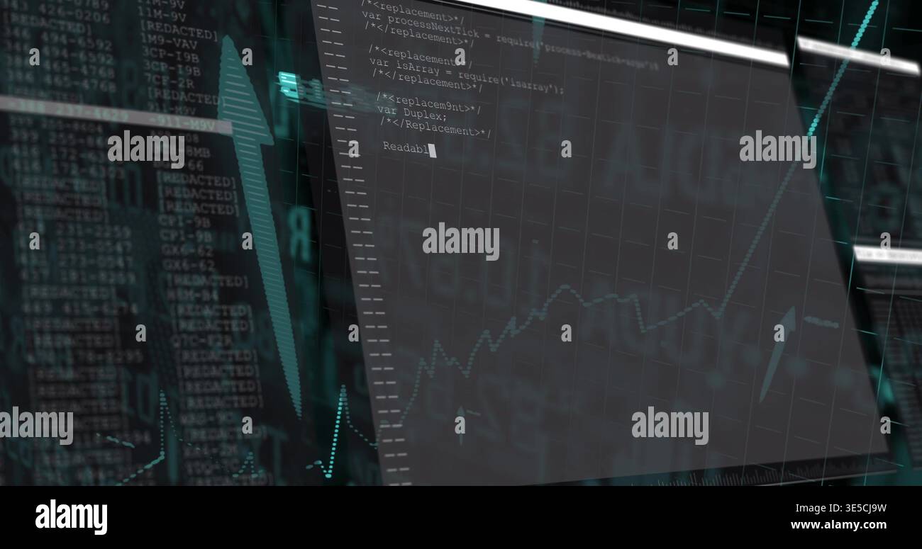 Displaying translucent panel showing XML-like code and rising line chart on dashboard with logs Stock Photo