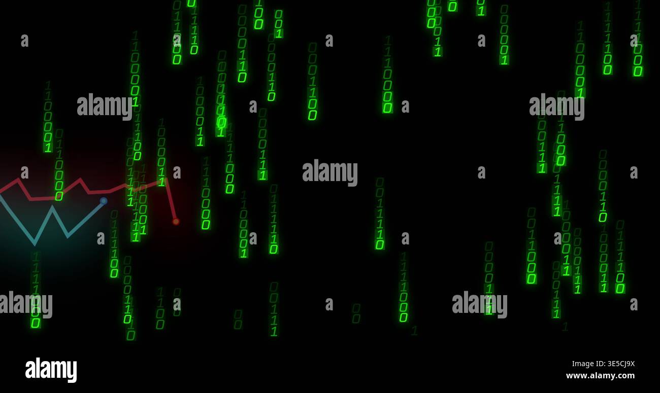 Streaming green binary digits cascading across black, showing teal chart with red node glow Stock Photo