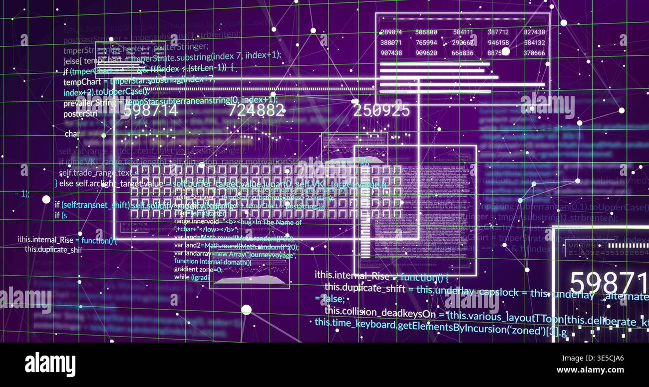 Displaying central dashboard panel and pixel matrix on cyber grid, showing UI panels and counters Stock Photo