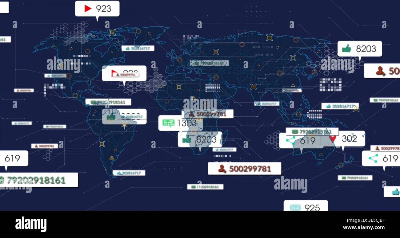 Displaying world map showing network data on navy dashboard, with floating data cards and thumbs-up Stock Photo