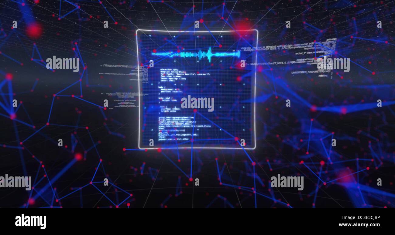 Floating white-framed holographic panel hovering in virtual cyberspace, showing code, cyan waveform Stock Photo