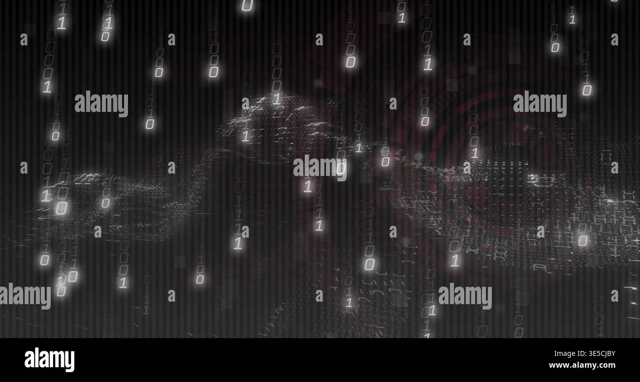 Streaming glowing particle ridge undulating across virtual data field with binary streams, red ring Stock Photo