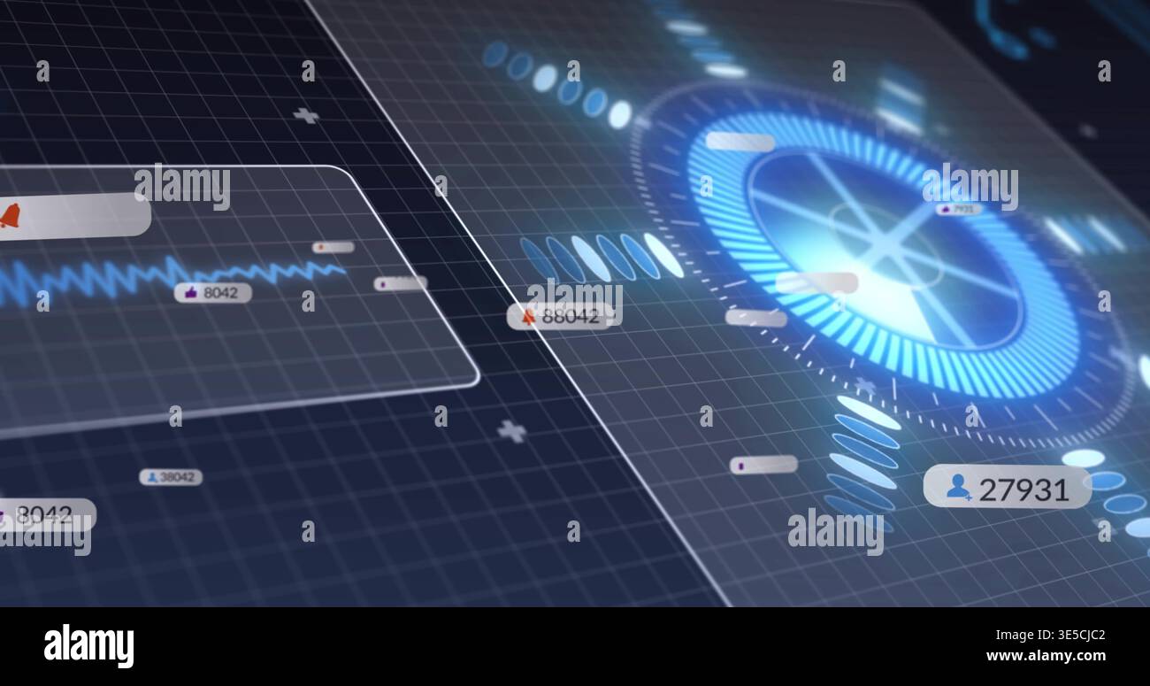 Displaying glowing circular dial scanning on dark grid, showing data panels and numeric badges Stock Photo