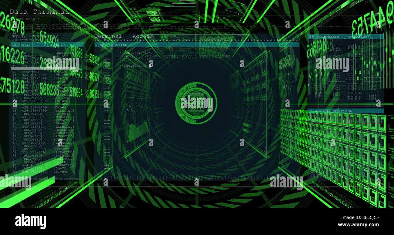 Showing central interface and rings converging in data corridor, with floating panels and grid Stock Photo