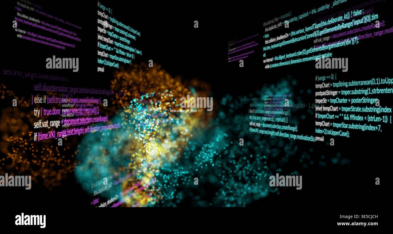 Swirling bicolor particle cloud glowing, trailing sparks in virtual 3D data space, with code panels Stock Photo