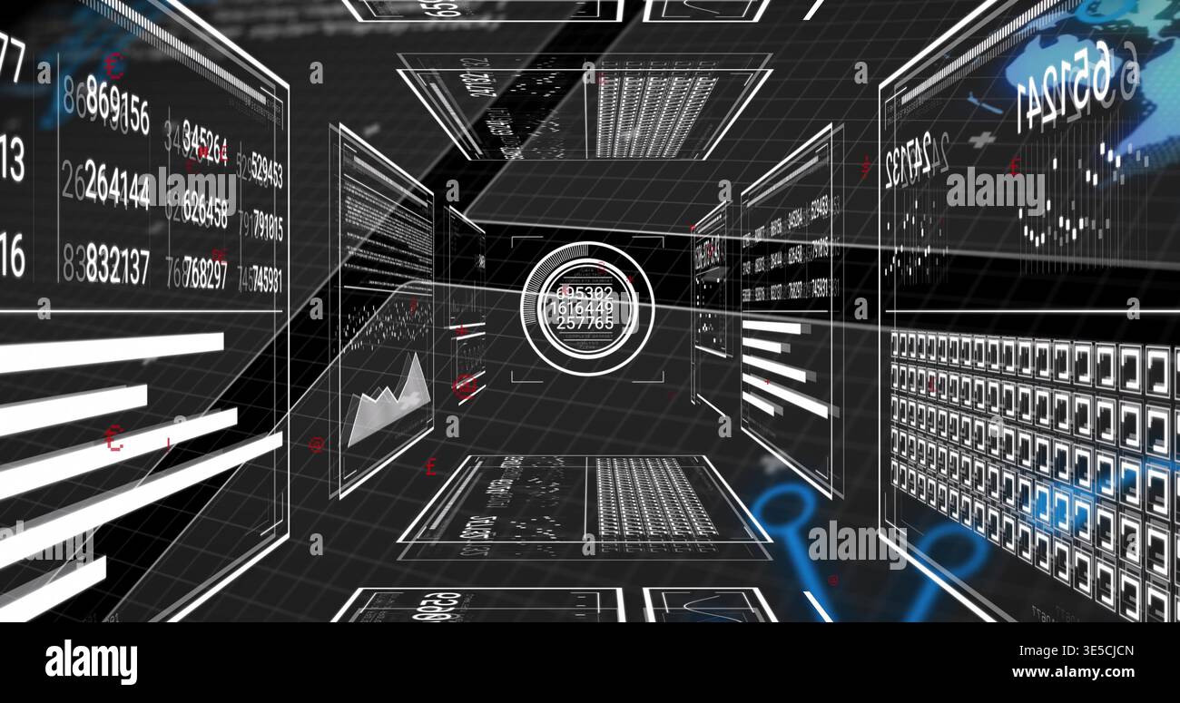 Displaying concentric data HUD pulsing within 3D data corridor, showing digits and charts Stock Photo