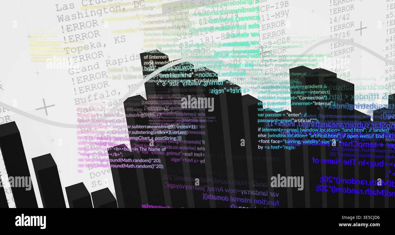Displaying central cluster black prisms in virtual data view, showing colorful code and ERROR lines Stock Photo