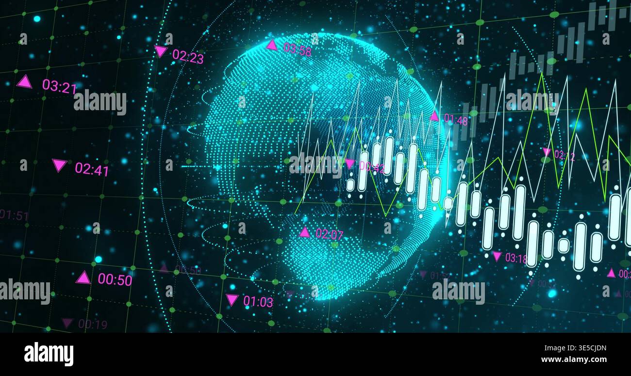 Rotating turquoise point-cloud globe showing candlestick bars in virtual HUD, magenta time markers Stock Photo