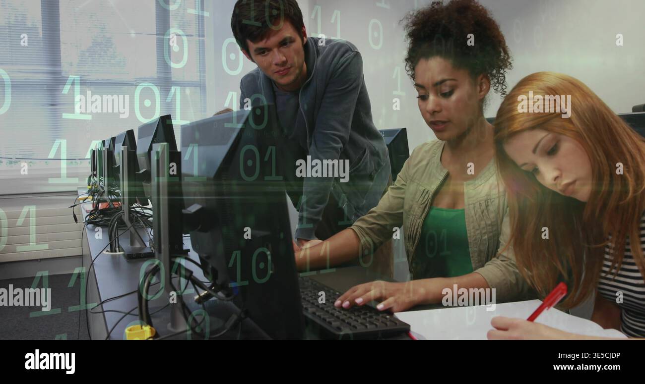 Typing three students collaborating on coding in tech lab with monitors, red pen, binary overlay Stock Photo