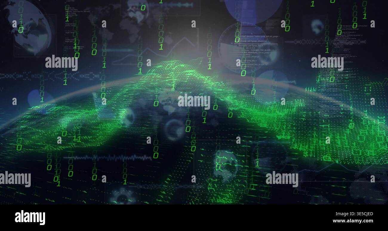 Flowing neon-green data mesh forming wave in virtual map, with binary digits 0 and 1, HUD Stock Photo