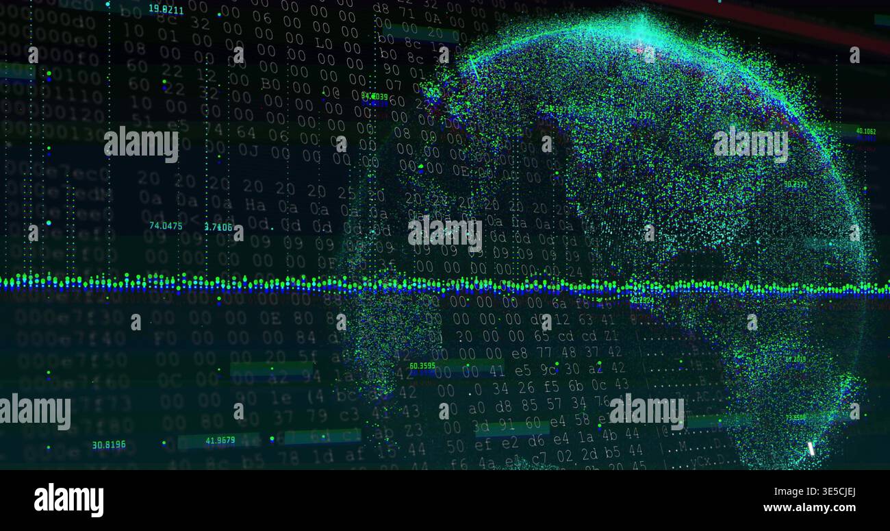 Glowing point-cloud globe pulsing on right in digital visualization, showing waveform and code Stock Photo