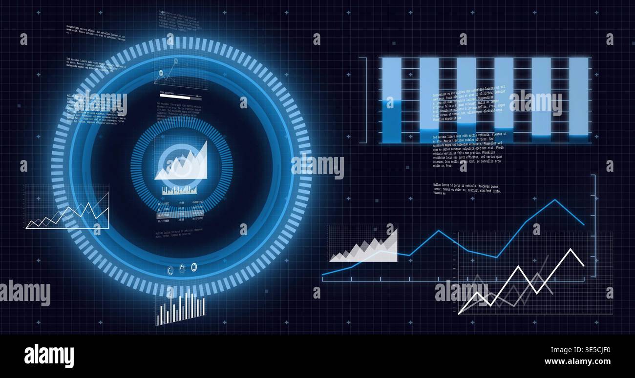 Displaying large glowing circular HUD left on dark grid panel, inner chart icon, notes, analytics Stock Photo