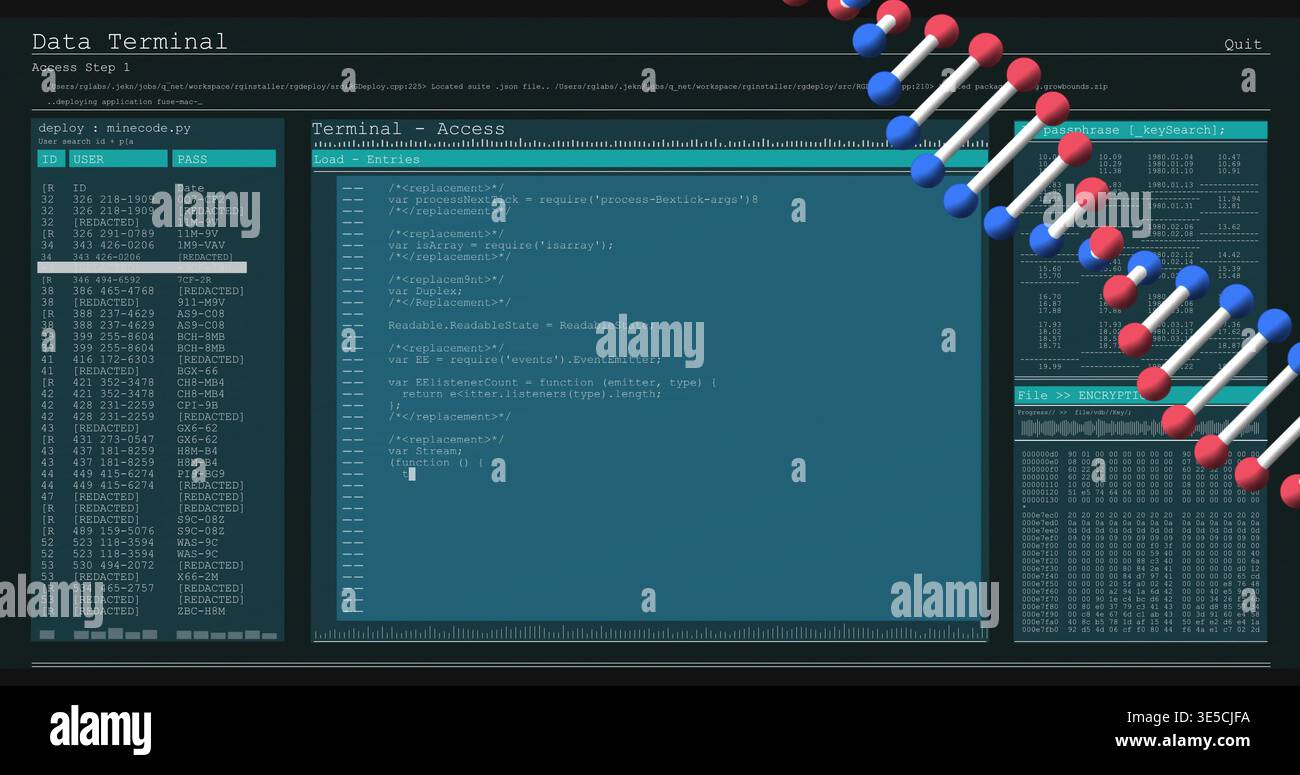 Displaying terminal code pane with blinking cursor on screen, showing left IDs, right hex, helix Stock Photo