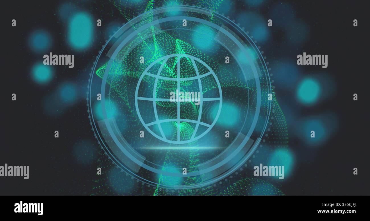 Displaying stylized globe icon rotating inside HUD rings on digital interface, with particle mesh Stock Photo