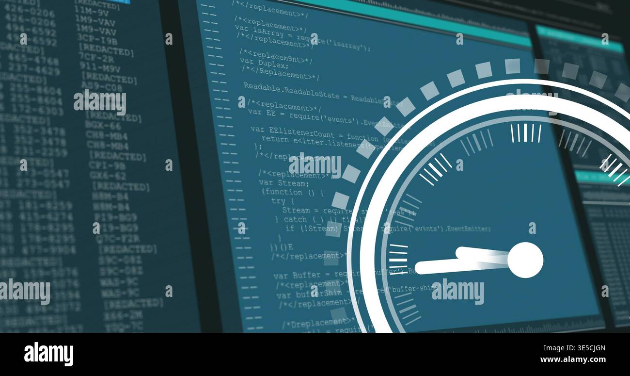 Displaying translucent gauge overlaying right screen at desk with code editor, console, copy space Stock Photo