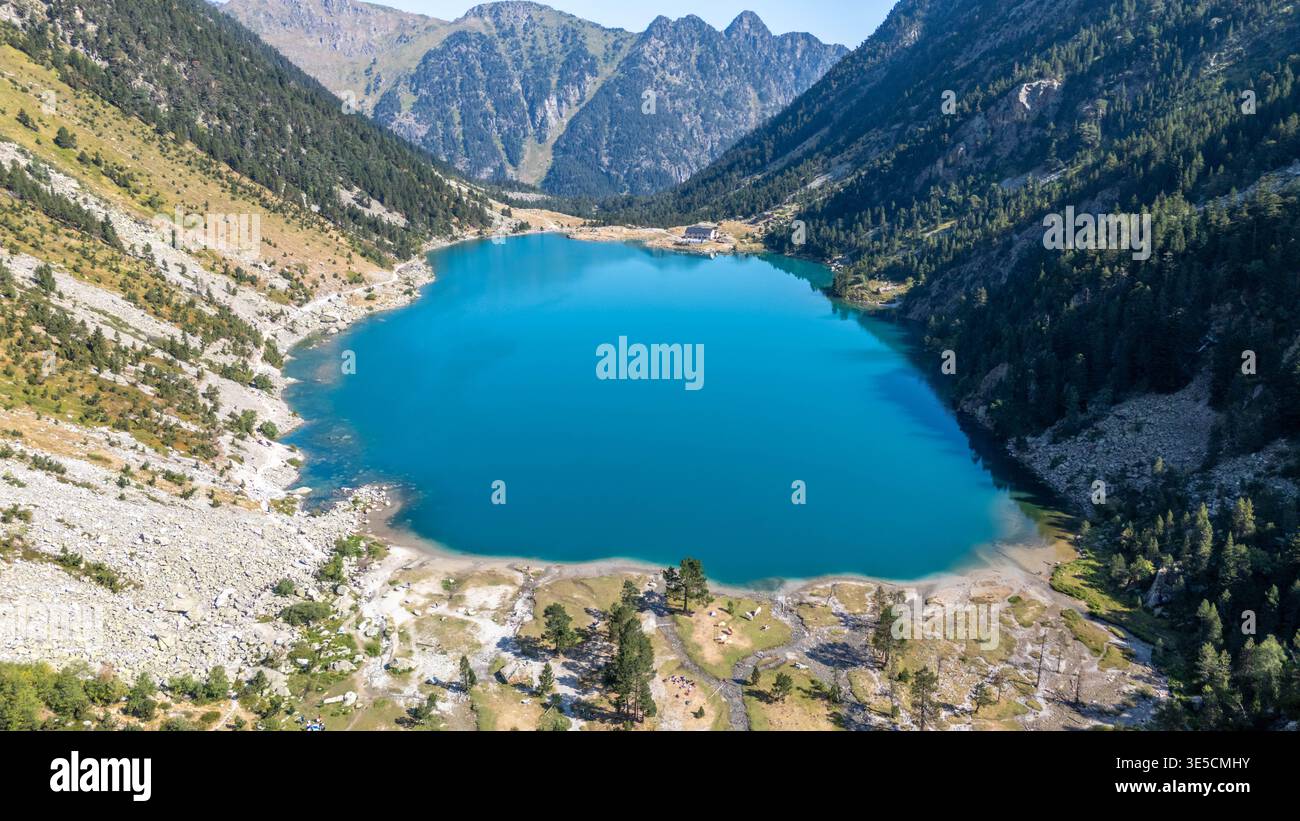 Aerial View of the Blue Water of Lac De Gaube in the French Pyrenees With Mountains Stock Photo