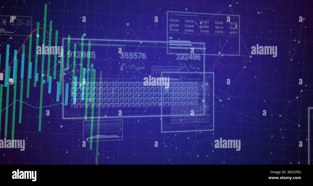 Displaying translucent keyboard on dark blue interface, with green blue bars and numeric labels Stock Photo