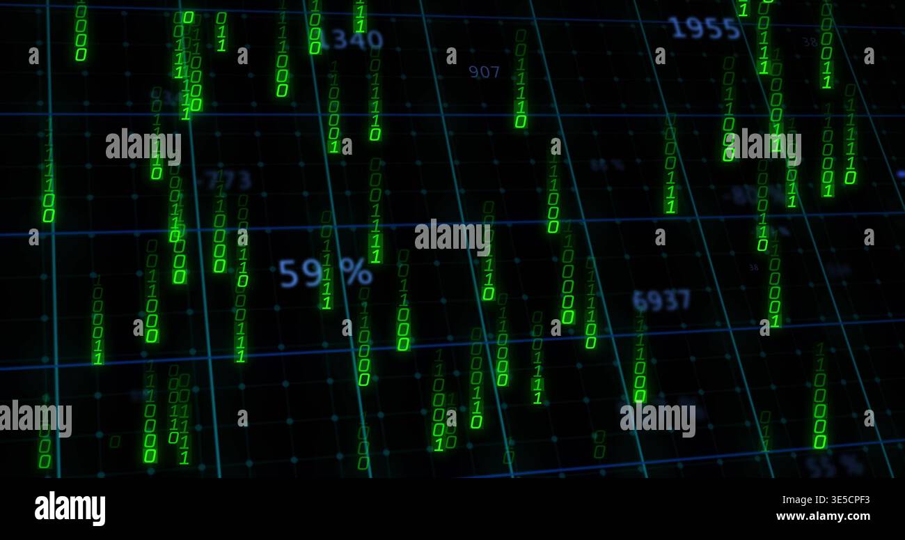 Streaming neon green binary streams flowing over teal-blue 3D grid plane, displaying 59% Stock Photo
