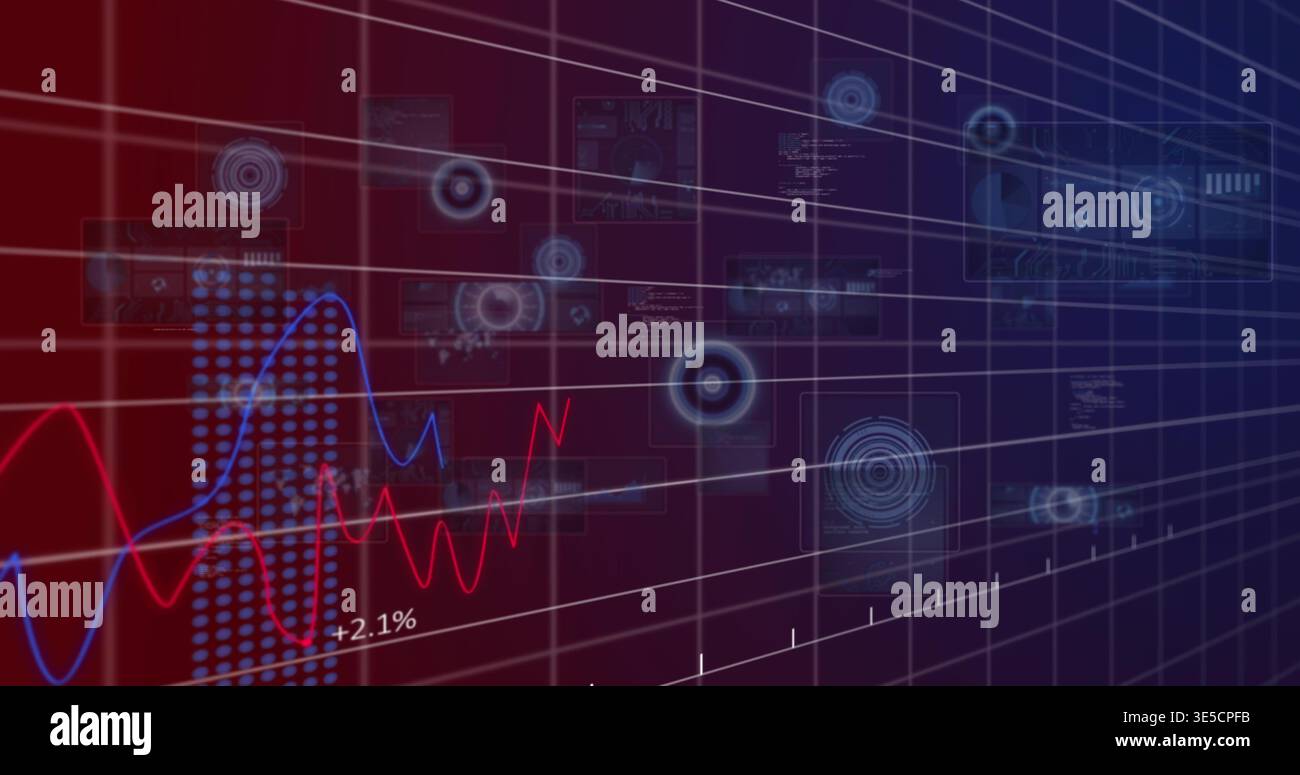 Displaying virtual analytics dashboard in control room, 3D grid, red or blue graphs, HUD rings, +2 Stock Photo